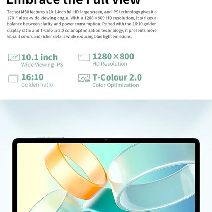 Teclast M50 Tablet 6GB RAM 128GB ROM Unisoc T606 Octa-core 10.1inch TDDI Android 14 WiFi BT5.0 6000mAh Type-C Tablet Case.