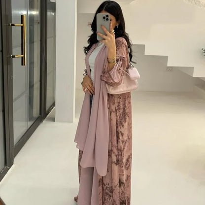 2025 sommer Arabisch Frauen Muslimische Kleidung Ramadan Dubai Offene Abaya Kleid mit Hijab Islam Gedruckt Chiffon 2 Stück Outfit