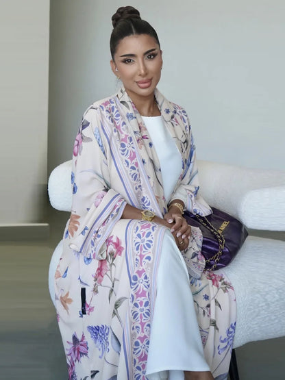 Muslim Women Dubai Abaya Luxury Floral Print Kimono Cardigan Hijab Long Dress Kaftan Ramadan Robe Femme Islam Clothing Kebaya.