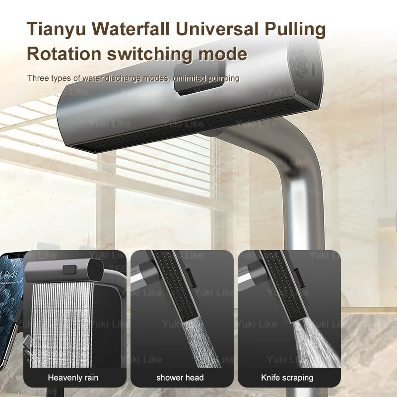 Stainless Steel Digital Kitchen Sink Large Waterfall Pull Out Faucet Honeycomb Embossed Sink Set