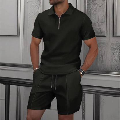Men's Sportswear set, men's Zipper Polo Shirt set, 3D Printed Casual Zipper Polo Shirt + Shorts 2-piece Business Sportswear Set.