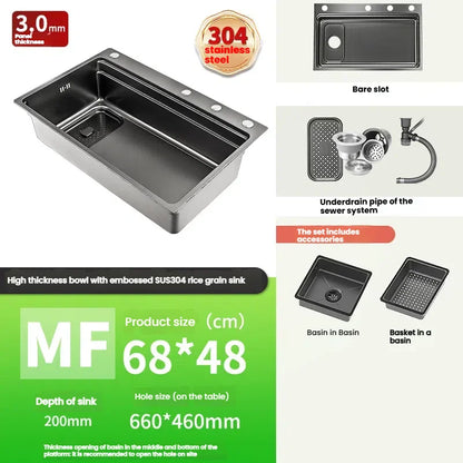 Stainless Steel Kitchen Sink Gray Household Large Single Slot Wash Vegetables and Dish Basin Multifunctional Dish Basin Sink
