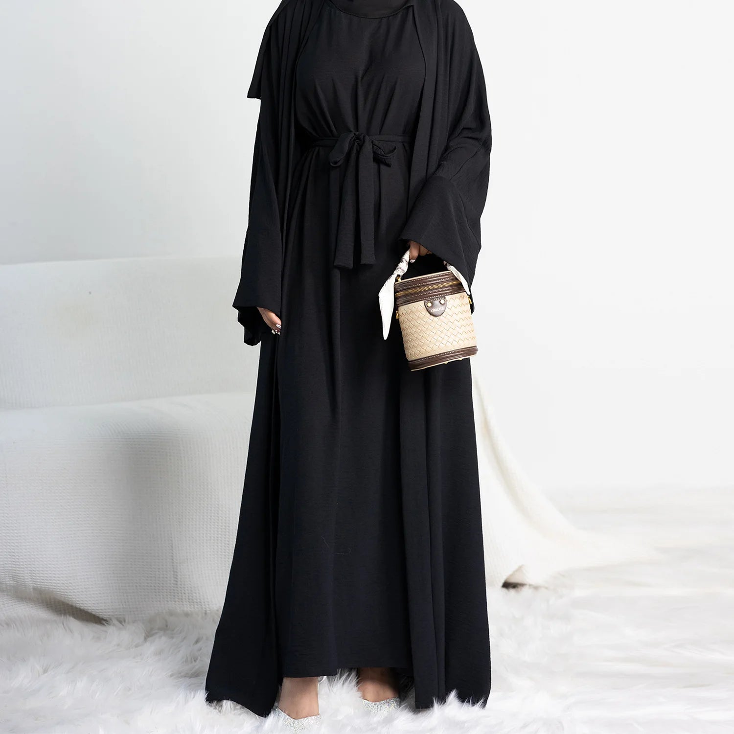 Muslim Woman Set 2 Piece Abaya Kimono with Sleeveless Inner Dress Simple Matching Outfits Dubai Turkey Casual Islamic Clothing.