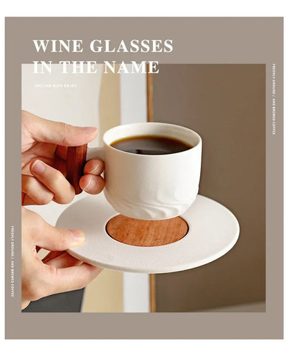 Blue Retro Ceramic Coffee Cup with Saucer 130ml Wooden Handle Tea Water Cup Filter Tea Mug Handmade Frosted Tea Coffee Cup Gift.