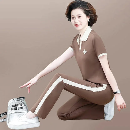 Casual Breathable Short Sleeve Sportswear Set for Middle-Aged Mothers Fashionable Summer Clothing Grandmother Style