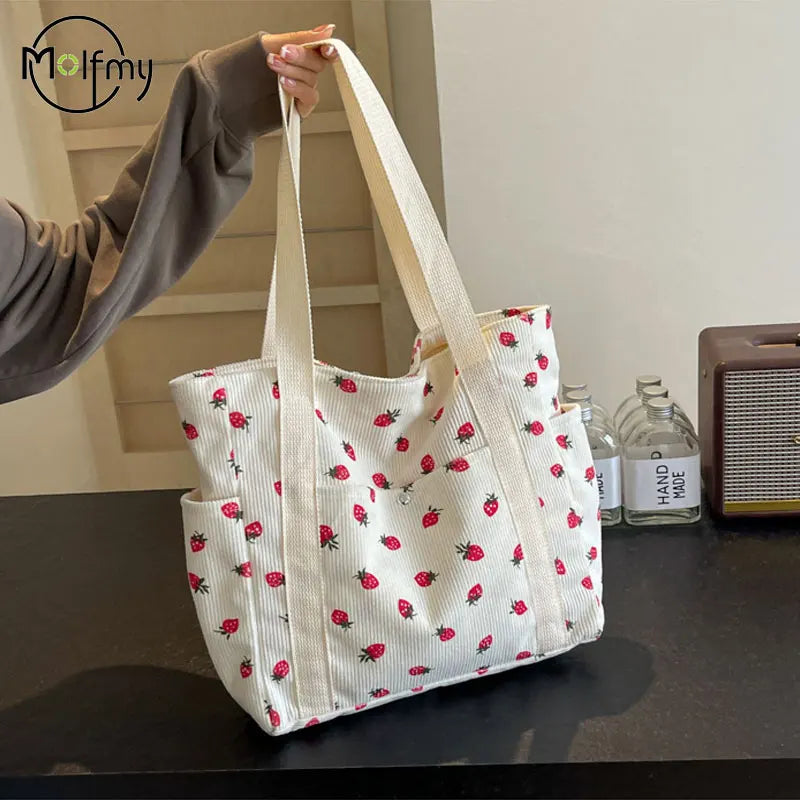 Strawberries Corduroy Handbag Sweet Women's Bag Fashionable Versatile Shoulder Bag Beautiful Simple Commuter Women's Tote Bags.