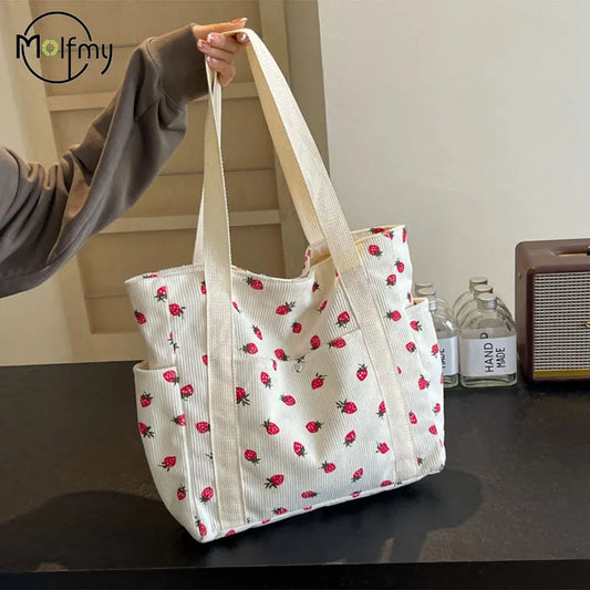 Strawberries Corduroy Handbag Sweet Women's Bag Fashionable Versatile Shoulder Bag Beautiful Simple Commuter Women's Tote Bags.