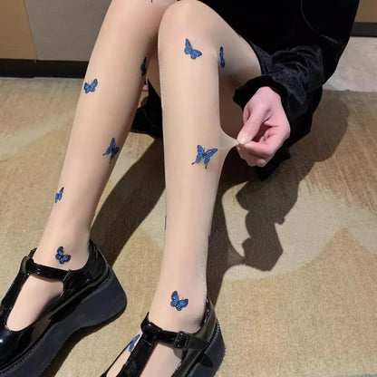 Sexy Butterfly Tights Vintage Y2K Fake Tattoo Butterfly Black Transparent Silk Pantyhose Women Lolita Summer Ultra-thin Stocking.