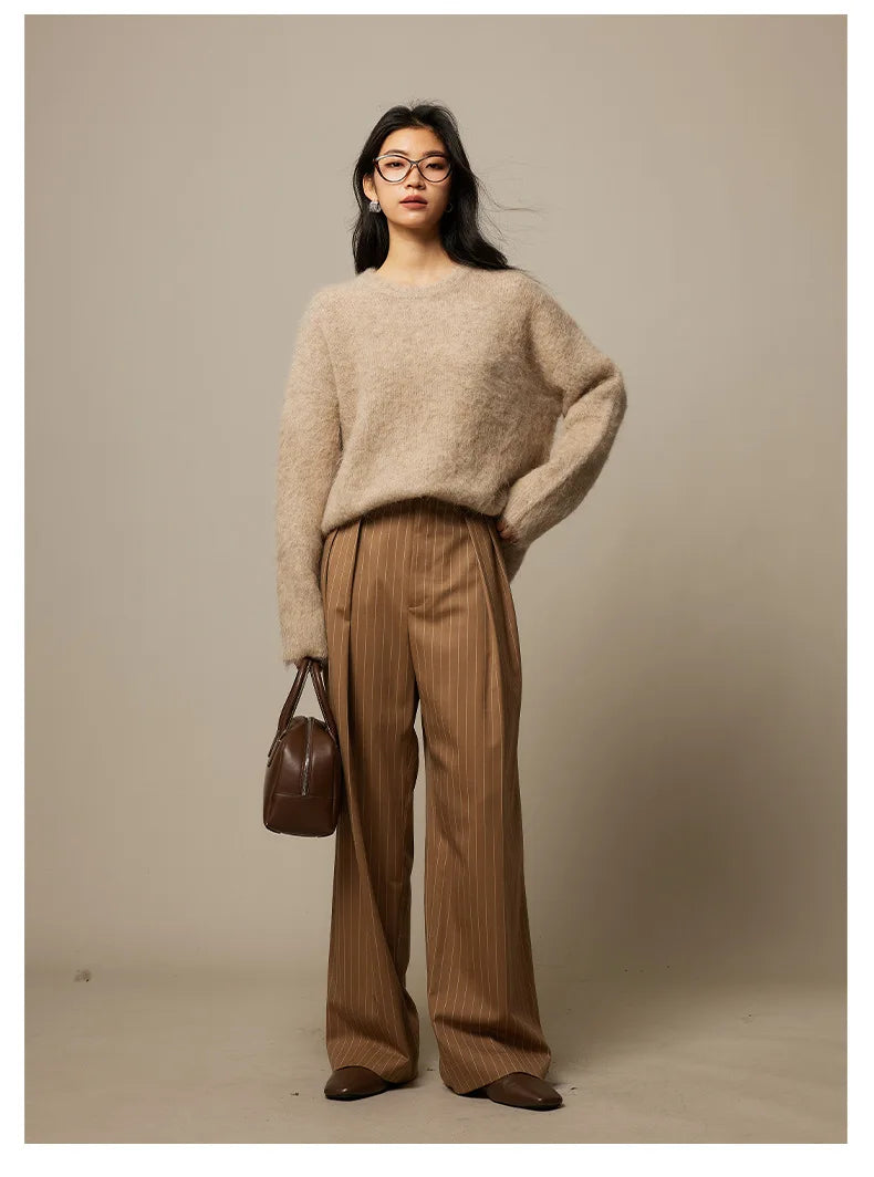 SuyaDream Warm Alpaca Pullovers for Woman, Dropped Sleeved Loose Sweaters, 2025 Fall Winter Top, Camel, Beige
