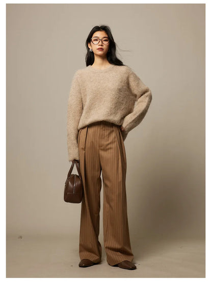 SuyaDream Warm Alpaca Pullovers for Woman, Dropped Sleeved Loose Sweaters, 2025 Fall Winter Top, Camel, Beige