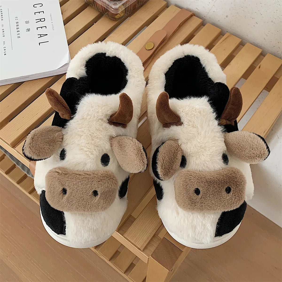 Shevalues Plush Cartoon Milk Cow Slippers Winter Women Slippers Furry Non-Slips Women Cotton Slides Couples Soft Cozy Flat Shoes.
