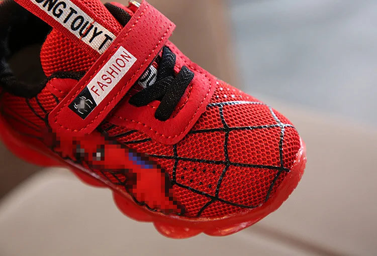 Disney LED Casual Sneakers Red Black For Spring Boys Spider-man Mesh Outdoor Shoes Children Lighted Non-slip Shoes Size 21-30.