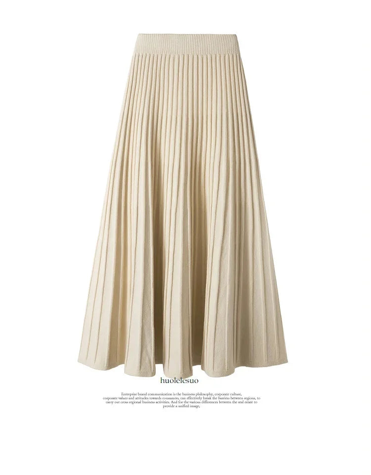 2025 Brand Designer Women Autumn Winter Thick Elegant Chic Solid Pleated Skirt High Waist Luxury Fashion With Elastic Female.