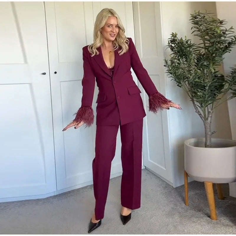 Straße frauen Feder Anzug Blazer Hosen Set Revers Schulter Pads Volle Hülse Jacken Taschen Gerade Hose 2025, Herbst dame Anzug