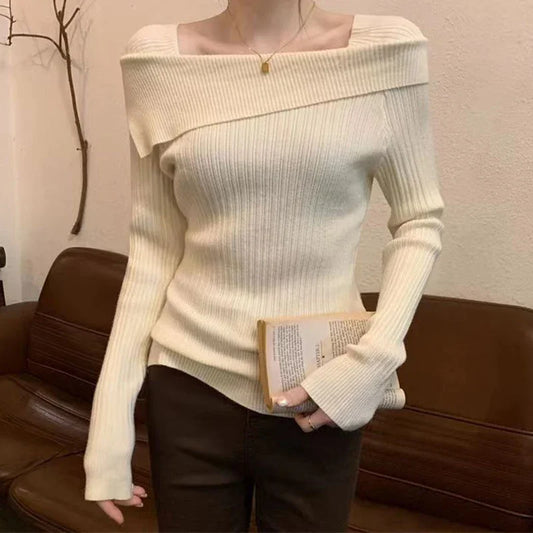 Solide Sexy Schlank Off Schulter Slash Neck Langarm Stricken Pullover Frauen Jumper Büro Mode Neue