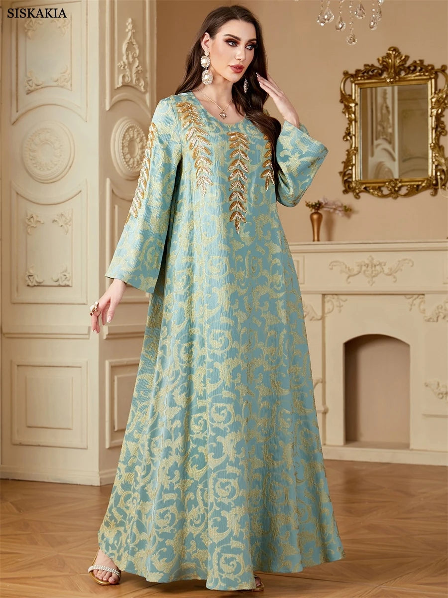 Siskakia Ramadan Dubai Elegant Floral Print Abayas For Muslim Women's Jacquard Beading Kebaya O-Neck Long Dresses.