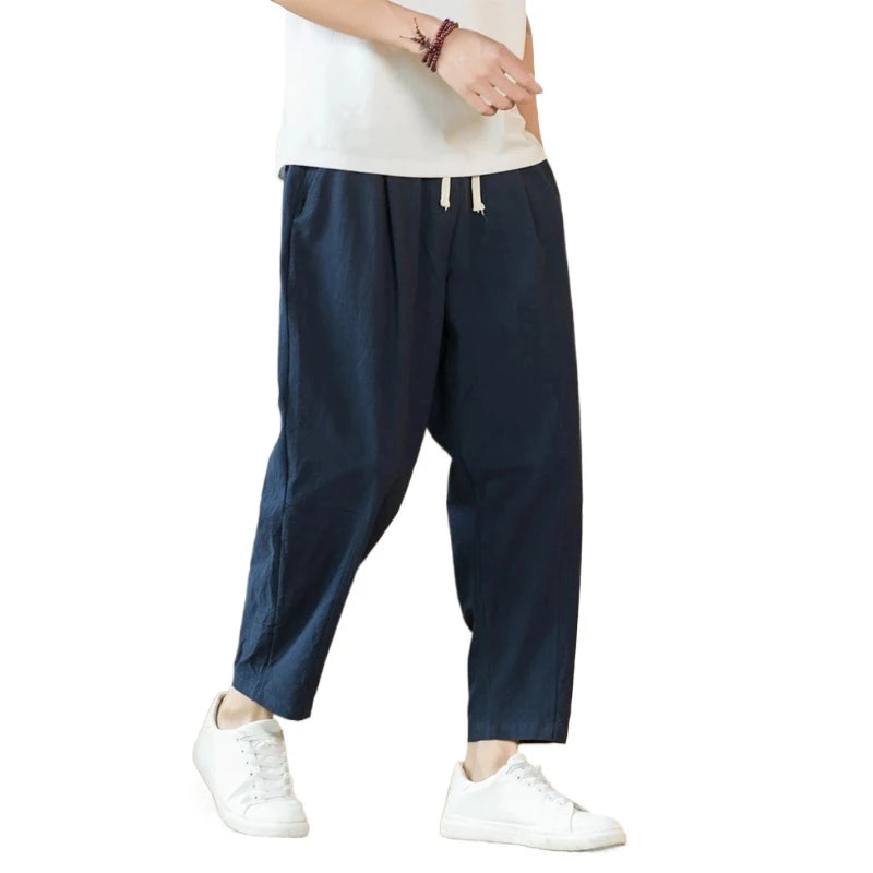 New Cotton Linen Mens Pants Casual Solid Color Breathable Streetwear Loose Straight Drawstring Baggy Lightweight Sport Pants.