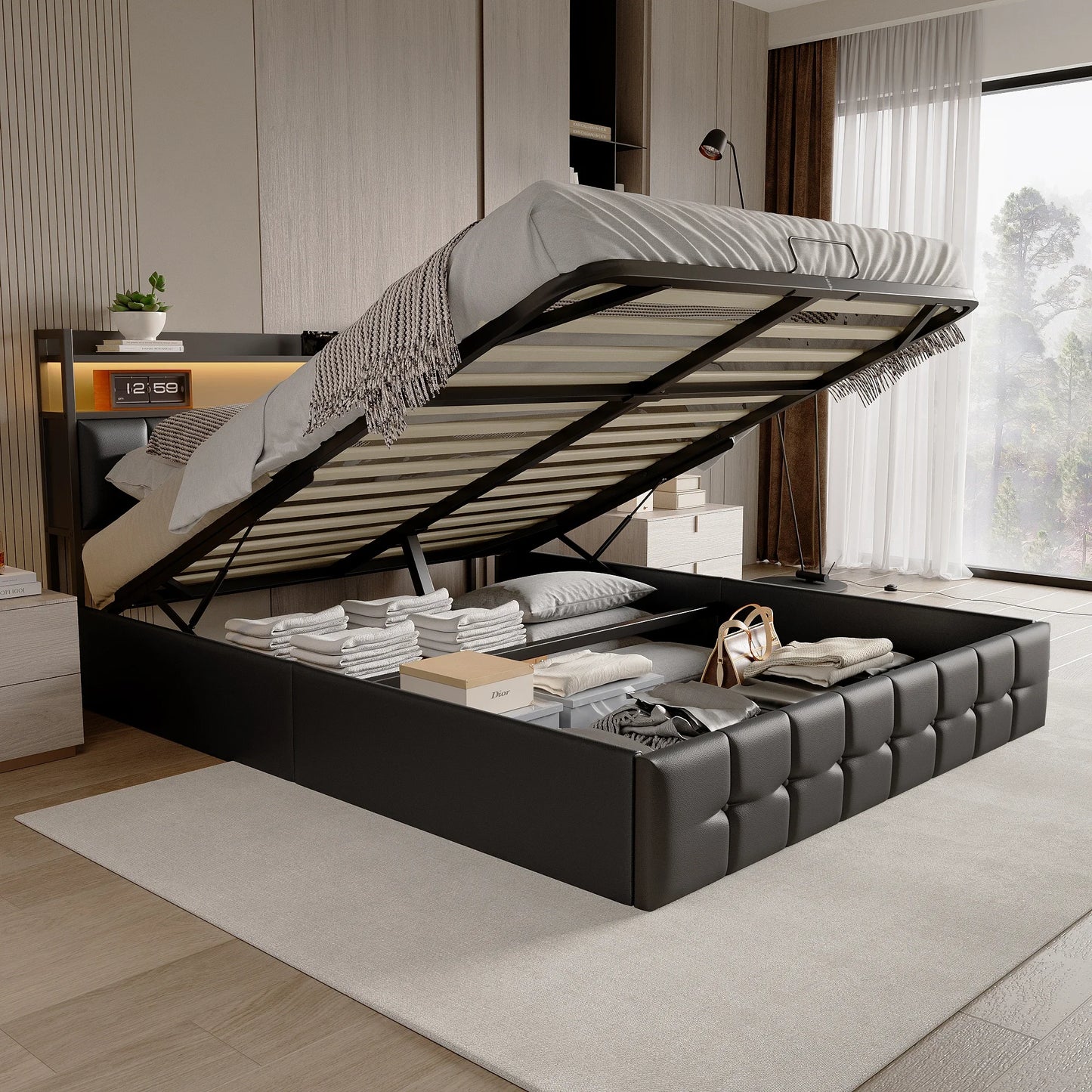 Rosahqnda Kissenbett, gepolstertes hydraulisches Bettgestell, graues Leinenkopfteil, Leinenstoff ohne Matratze