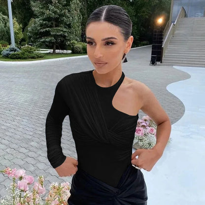 Autumn 2025 Long Sleeve Pullover New Fashion Sexy Spice Girls Crew Neck Single Rotator Sleeve Pleated Slim Bodysuit Women.