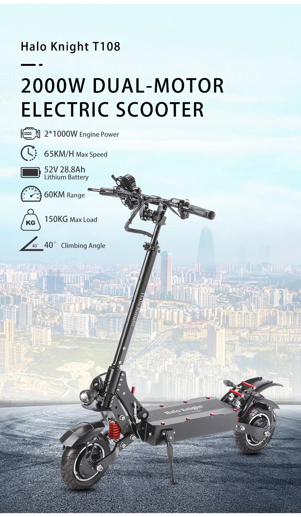Halo Knight T108 28.8Ah 1000W Dual Motor Faldable Electric Scooter 65KM/H Max Range 60KM On-Road Tire E Scooter with Suspension.