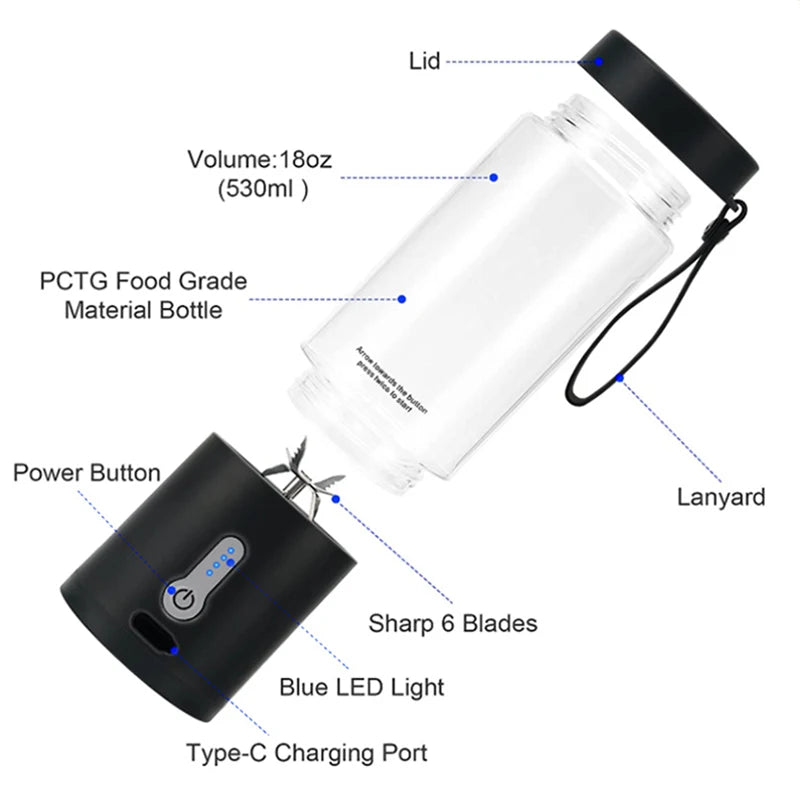 530ML Powerful Portable Blender for Smoothies Shakes USB Rechargeable Food Processor Fruit Mixer Machine Mini Juicer Blender Cup.