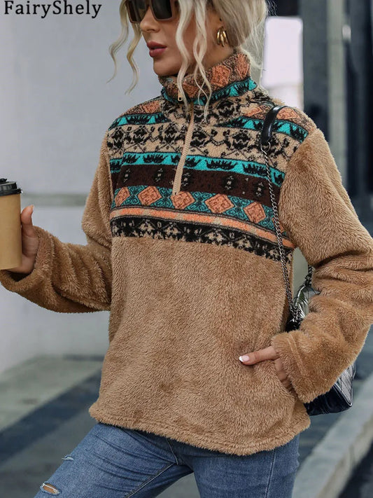 Fairyshely 2025 Winter Print Women Hoodies Casual Long Sleeve Hood Sweatshirt Loose Autumn Lady Stand Collar Plush Hoodie Tops.