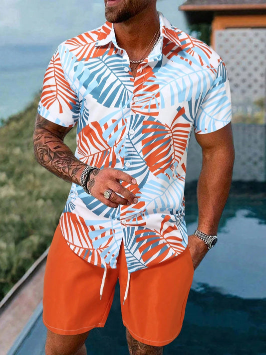 Hawaiian Monstera Leaf Print Men's Shirt and Shorts 2-Piece Set Casual Vacation Men's Shirt Set Short Sleeve Button Shirt.