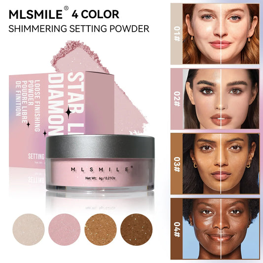MLSIMLE 4 COLORS Natural Shimmer Pearl Setting Powder Contouring Highlighting Waterproof Sweat-proof Oil-control Makeup Powder.