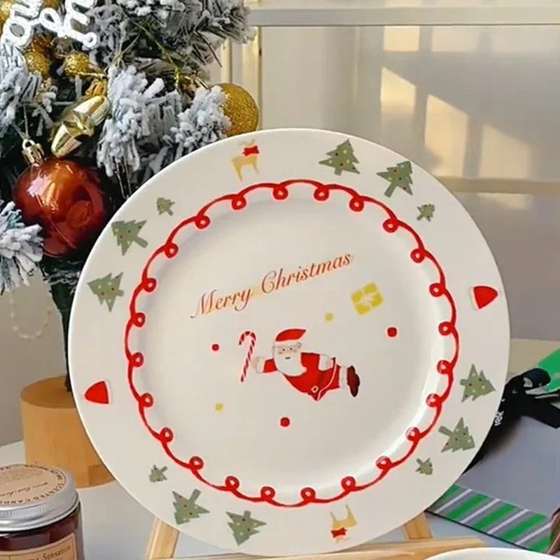 Santa Claus Ceramic Coffee Cup and Saucer Suit Hand-painted Christmas Plate Home Breakfast Milk Juice Cup Fruit Dessert Plate.