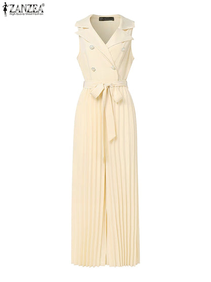 Fashion Women Jumpsuits 2025 ZANZEA Summer Rompers Elegant Wide Leg Work OL Overalls V Neck Sleeveless Pleated Playsuit Trousers.