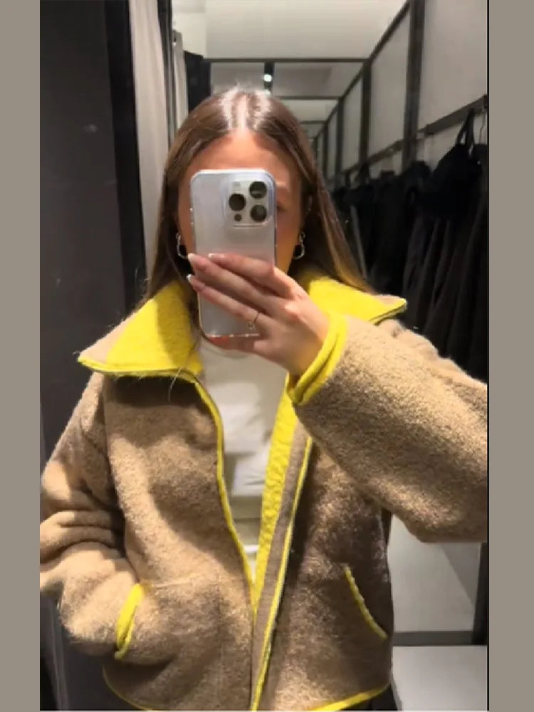 Modische kontrastierende Strickjacke für Damen, elegant, langärmelig, Taschen, Reißverschluss, Pullover, 2026, Frühling, Street Lady, schicke Oberbekleidung