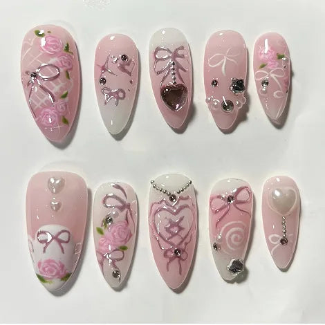 24Pcs Almond False Nails Cute Strawberries with French Design Simple White Wearable Fake Nails Decoration Press on Nail Tips Art.