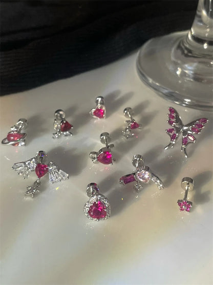 New Trendy Shiny Rose Red Color Zircon 316L Stainless Steel Ear Bone Nail Y2K Gothic Love Heart Small Earrings for Women Jewelry.