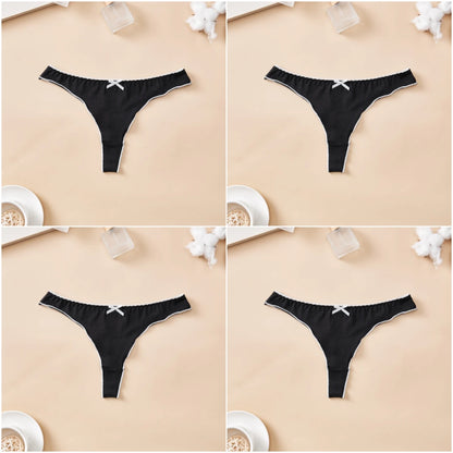 4pcs women's cotton solid color thong sexy comfortable women's underwear daily breathable T-back knitted bow cute girl low-waist