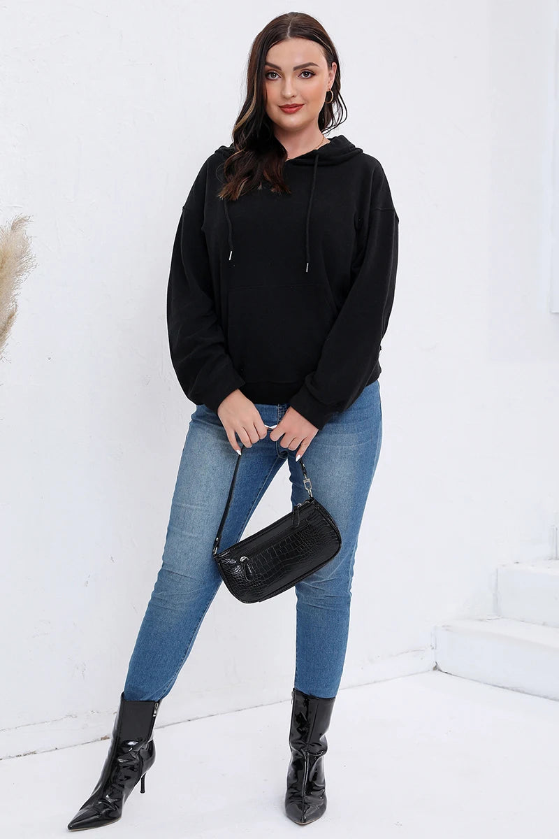 Gibsie Plus Size Frauen Hoodies Herbst Winter solide Kordel zug Kapuze Sweatshirts Känguru Tasche Fleece lässig Frauen Top