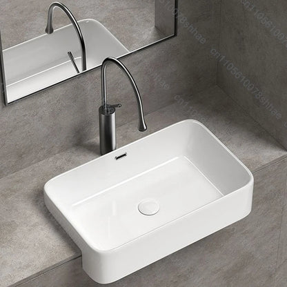 Porcelain Ceramic Vessel Sink with Drain Semi Recessed Vanity Art Sink Wash Basin Bowl for Modern Home Bathroom Decor Washbasin