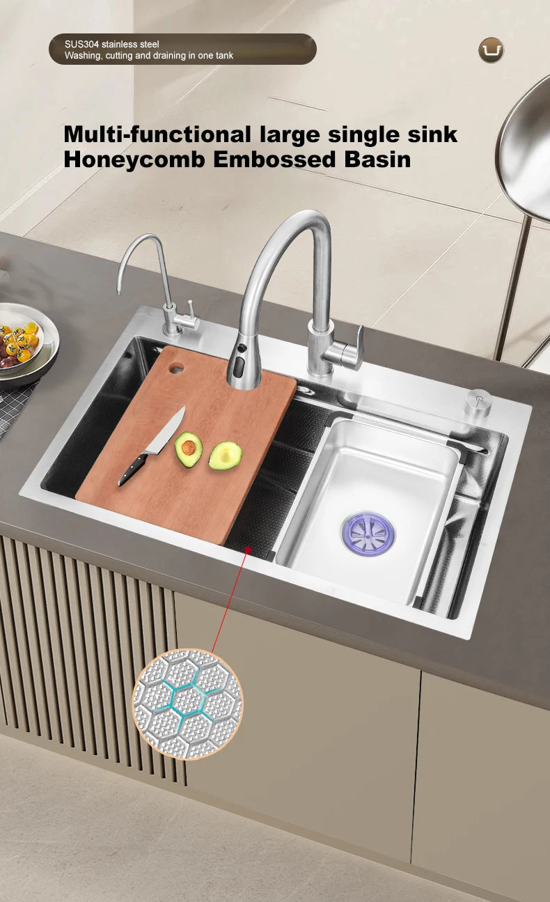 304 Stainless Steel Kitchen Sink Silver Embossed Large Single Slot Home Improvement Multifunction Wash Basin For Kitchen
