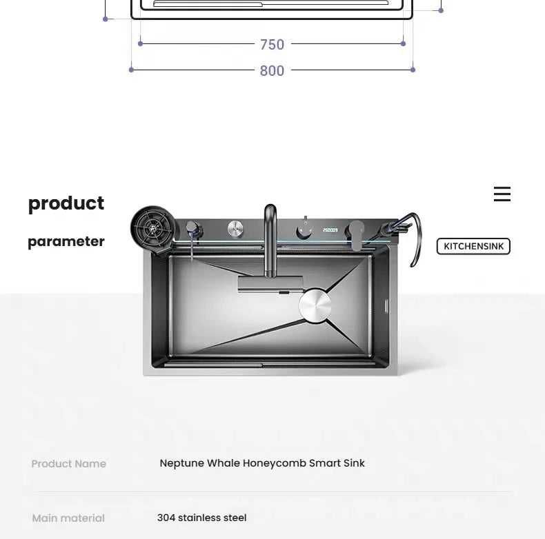Household Intelligent Stainless Steel Kitchen Sink Digital Display Waterfall Wash Dish Basin Honeycomb Emboss Large Single Slot