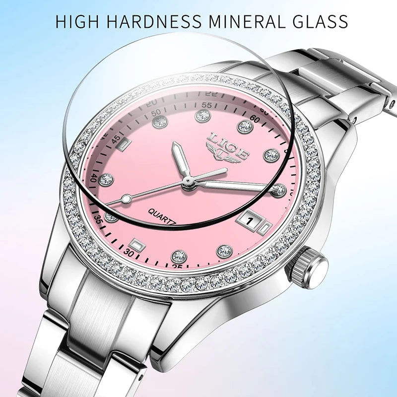 LIGE 2025 Diamond Women's Watch Fashion Elegant Quartz Wristwatches Waterproof Steel Strap Watch For Ladies Gifts Reloj Mujer.