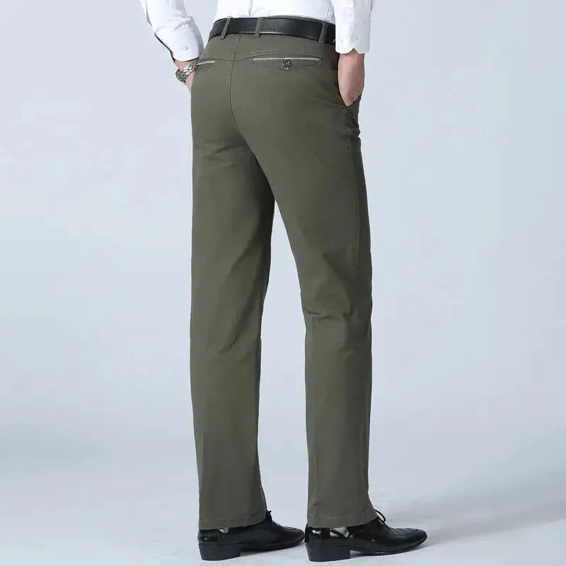 Smart Casual Pure Cotton Anti-Wrinkle High Waist Loose Baggy Straight Thicken Men Spring Autumn Solid Color Mid Casual Pants.