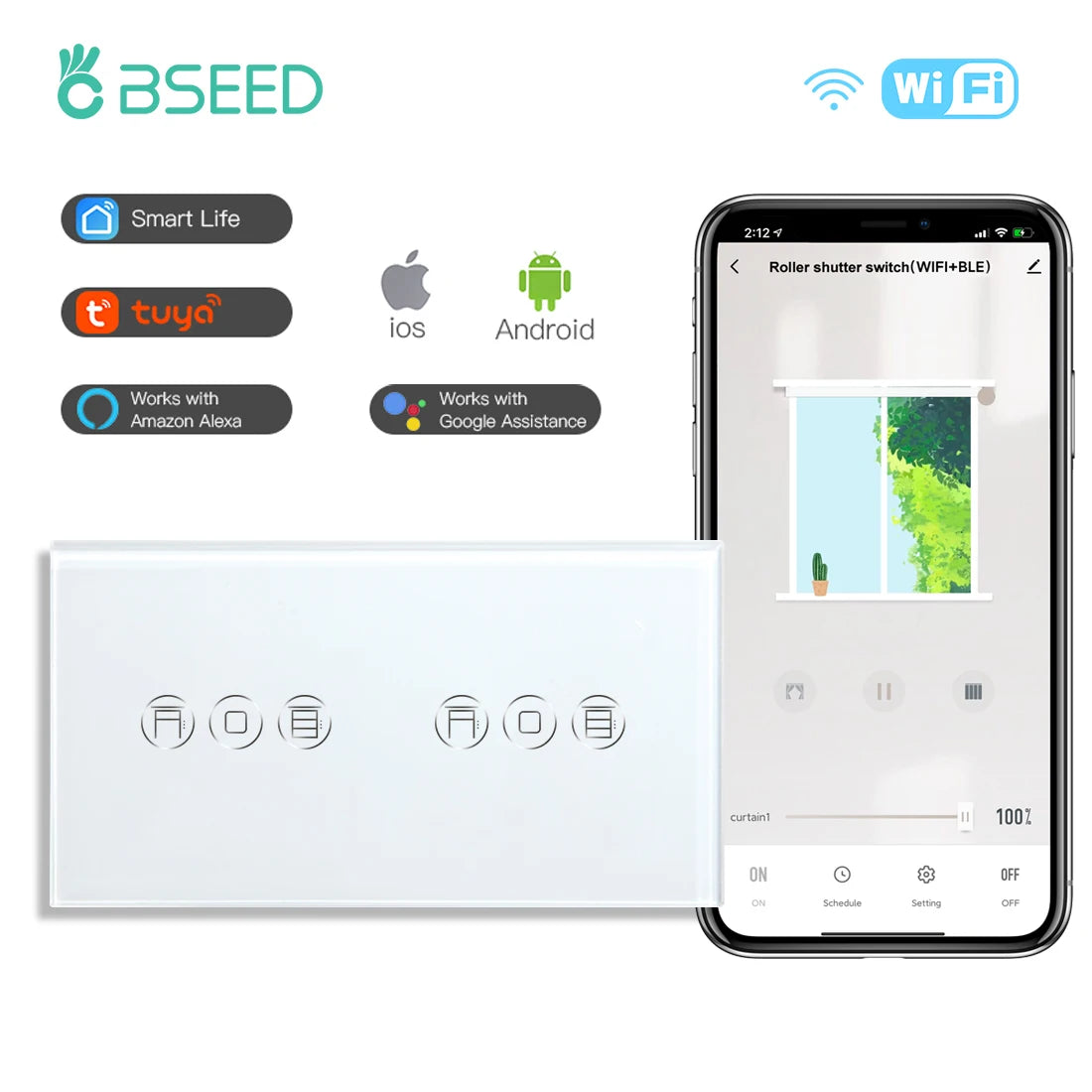 BSEED Wifi Shutter Schalter APP Control Led Smart Blind Serie Weiß Glas Panel Unterstützung Tuya Google Smart Leben Rollladen