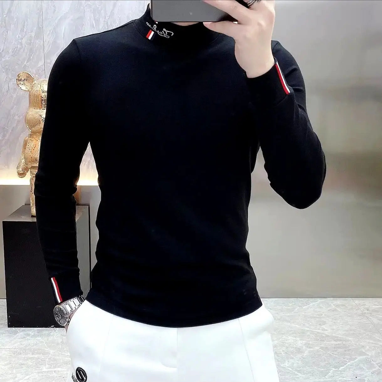Autumn New Men Chic Thicken T-Shirts Thermal Half High Collar Bottoming Cootrast Color Long Sleeve Elastic Slim All-match Tops.
