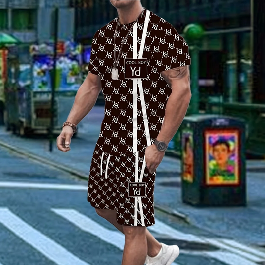 Chicago Monogram Print Men's Short Sleeve And Shorts Set Everyday Casual Men's T-shirt Street Fashion Sports Shorts Two-piece.