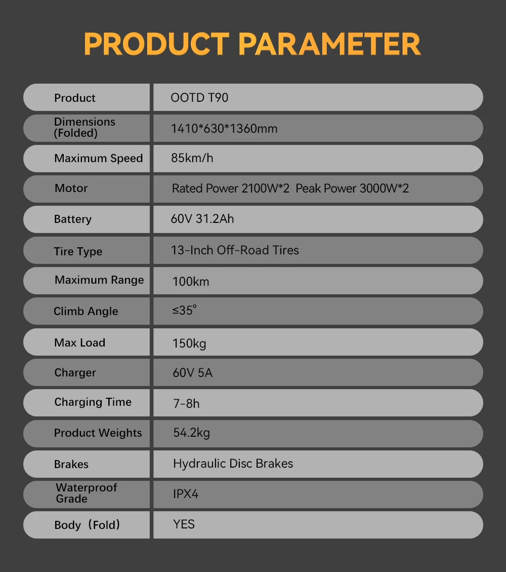 OOTD T90 Foldable Adult Electric Scooter, 85km/h E-Scooter, 4200W Electric Kick Scooter, 60V 31.2Ah Skateboards Kickboard, 100km.