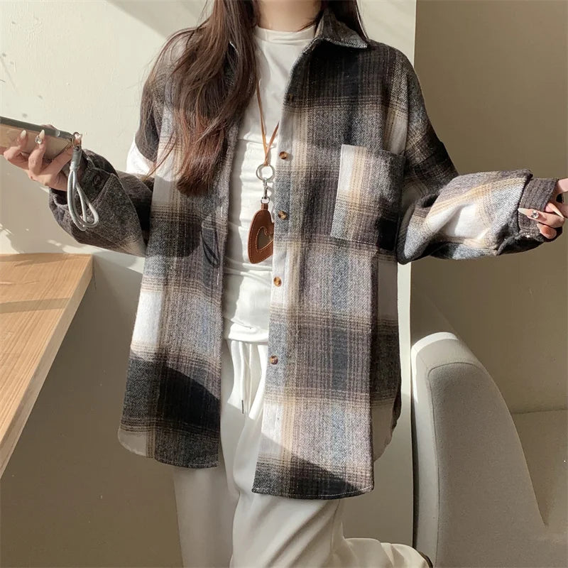 Zjaiss Women Thick Woolen Plaid Blouse Loose Long Sleeved Tops 2025 Autumn Winter New Casual Shirt Long Shirts.