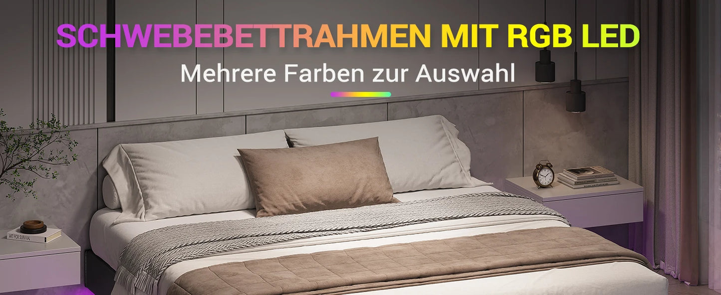 LED-beleuchtetes 180 x 200 cm großes Polsterbett mit Gestell, Gitterbettgestell, schwebender schwarzer Bettrahmen für Schlafzimmer