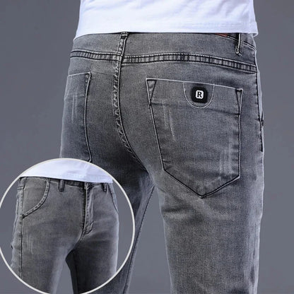 Slim Fit Men's Jeans Casual Elastic Korean Style Autumn Grey Trendy Long Pants Versatile Slim Legged Casual Trousers