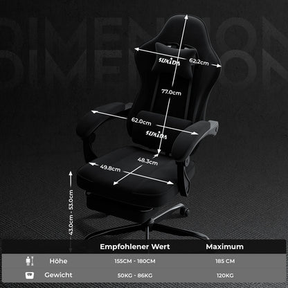 SUKIDA Gaming-Stuhl mit Fußstütze, PC-Stuhl im Racing-Stuhl-Design, ergonomischer Bürostuhl, verstellbar mit Lordosenstütze