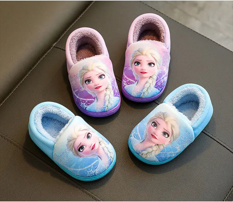 Disney Princess Elsa Winter Children's Heel Cotton Slippers Girls' Warm Frozen Kids' Cotton Black Purple Flats Shoes Size 24-40.