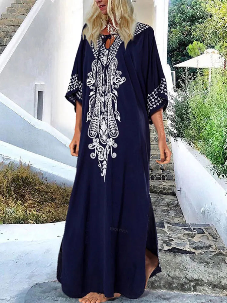 2025 Indie Folk Schnürung V-Ausschnitt Fledermausärmel Sommer Strandkleid Tunika Damen Beachwear Kaftan Maxikleid Robe Sarong Q775.